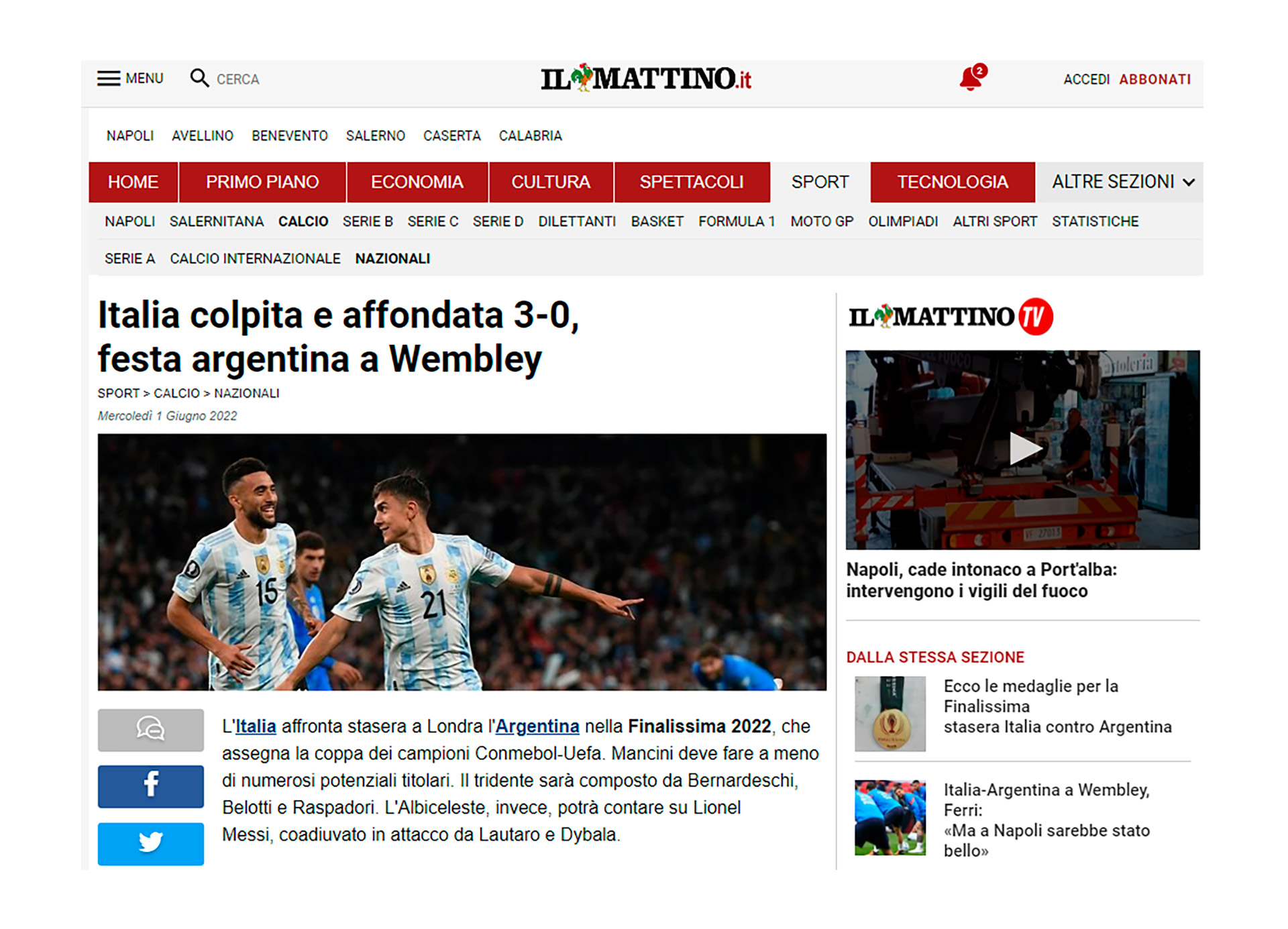 Italia goleapda y hundida 3-0, fiesta argentina en Wembley (Il Mattino)