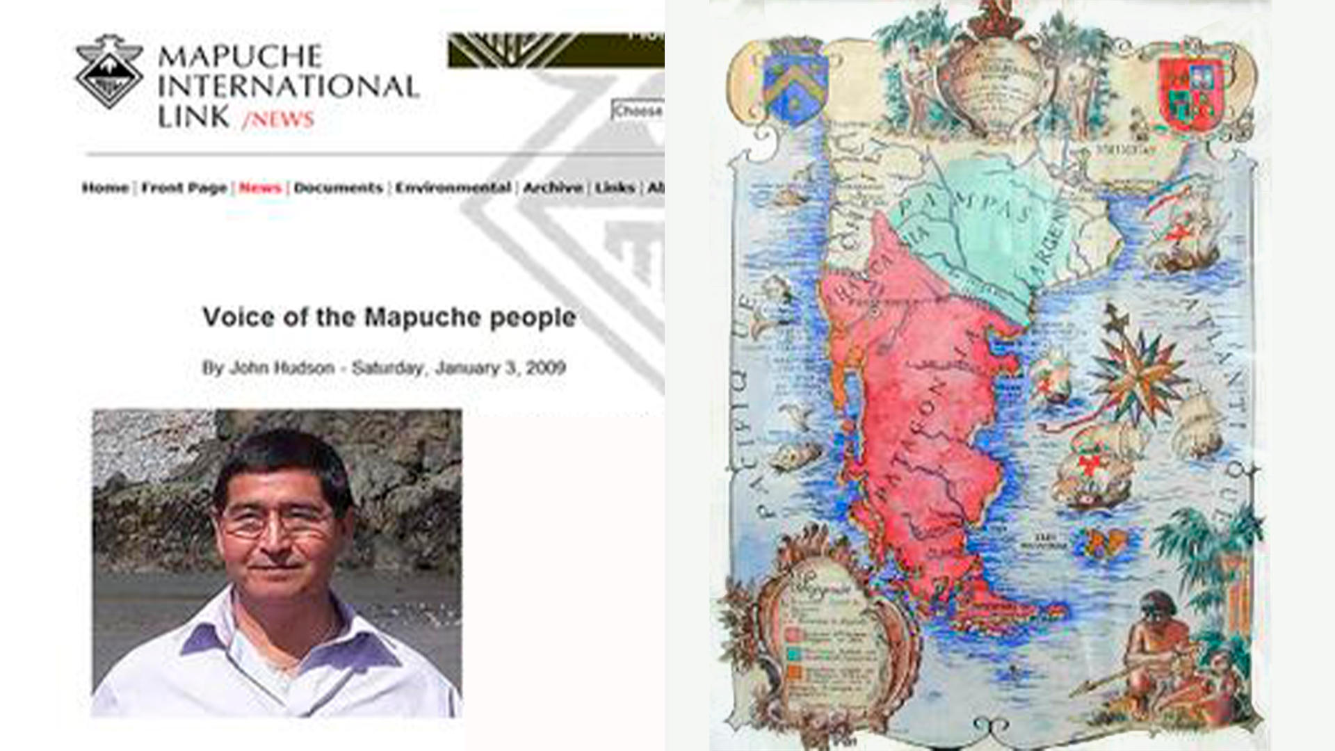 El mapa de la "nación mapuche", según una organización basada en Bristol. Y el representante mapuche que recorre el mundo con respaldo inglés abogando por la creación de un estado separado en territorio chileno y argentino 