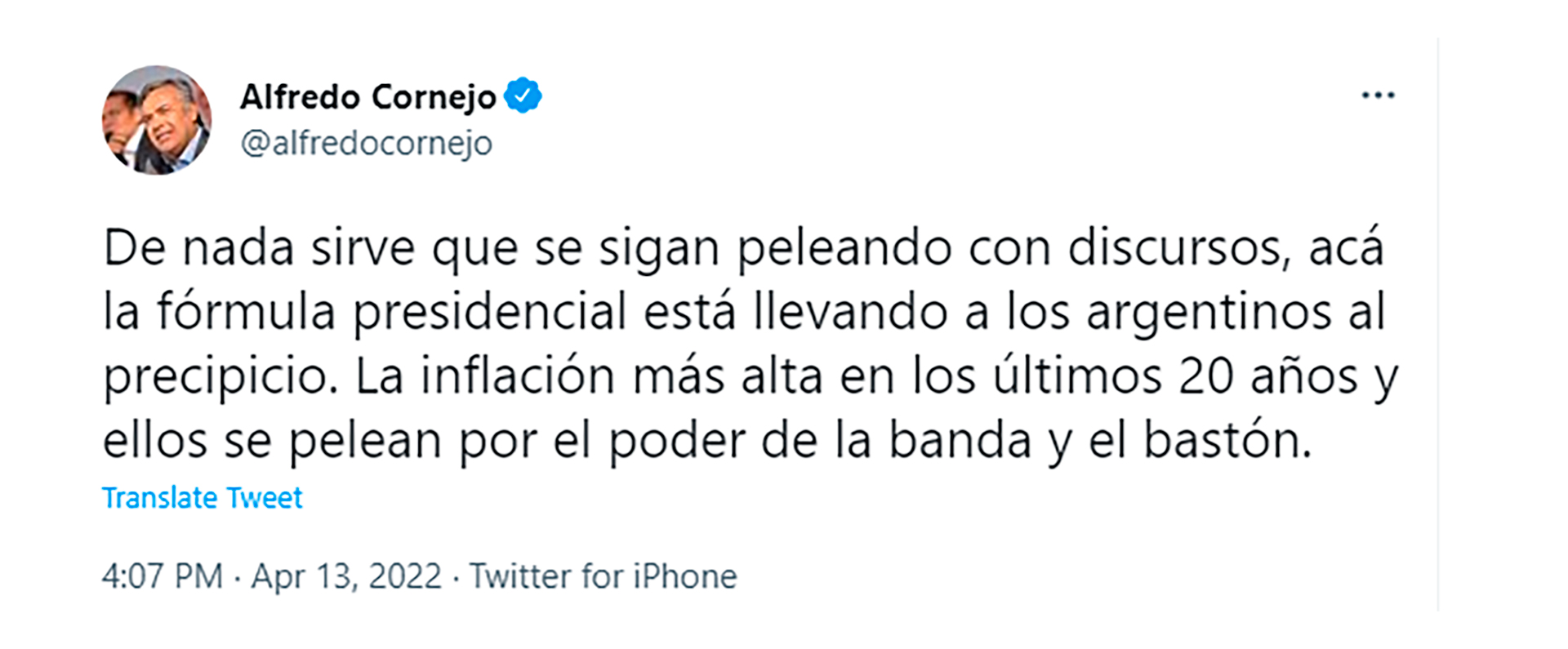 Tuit de Alfredo Cornejo sobre la inflación