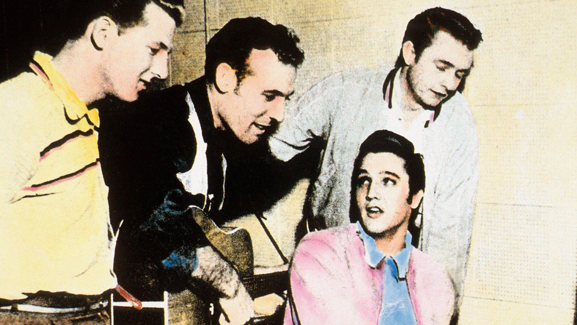 Foto de Elvis Presley, Jerry Lee Lewis y Carl Perkins y Johnny Cash en los Estudios Sun (Foto de GAB Archive/Redferns)