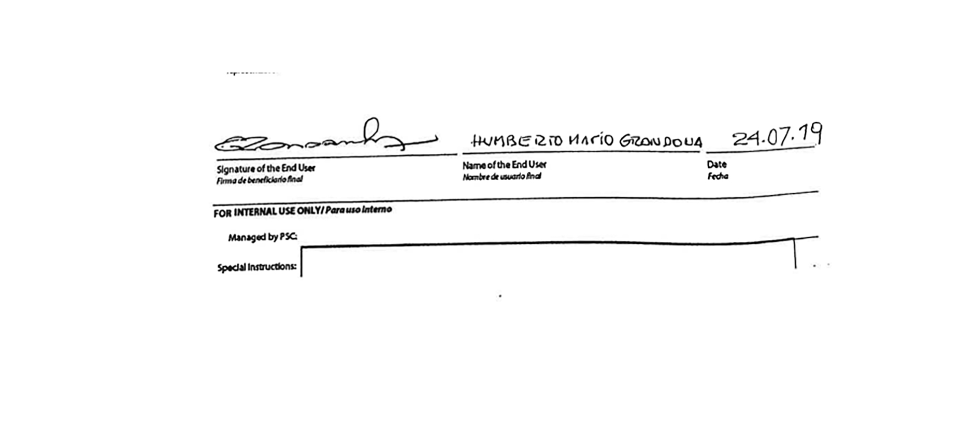 Firma de Humberto Grondona en el formulario de registro de la offshore en Belice