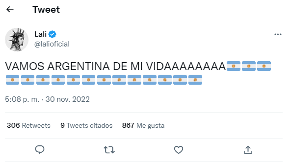El tweet de Lali Espósito ante el triunfo de Argentina contra Polonia (Foto: Captura Twitter)