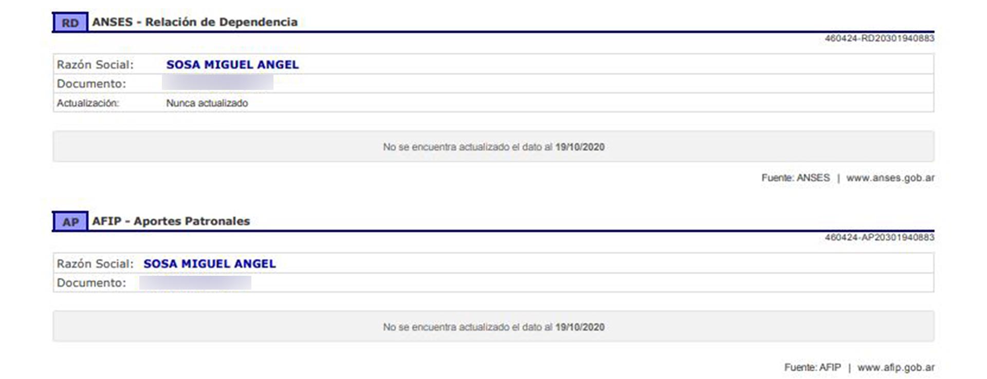 El informe comercial de Miguel Angel Sosa no presenta ningún registro laboral