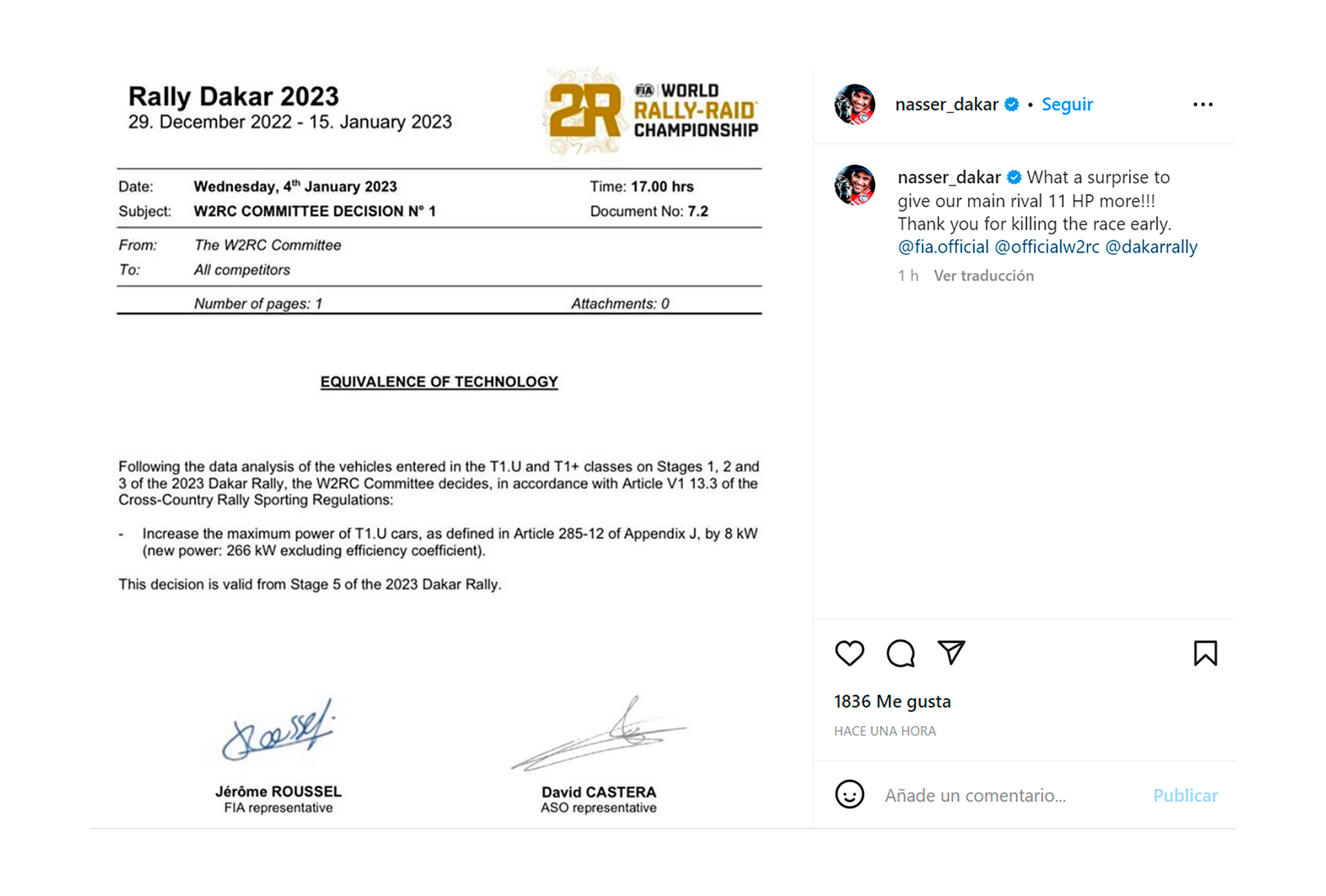 Protesta de Nasser Al-Attiyah en contra de la mejora que tendrá Audi desde la quinta etapa (@nasser_dakar)