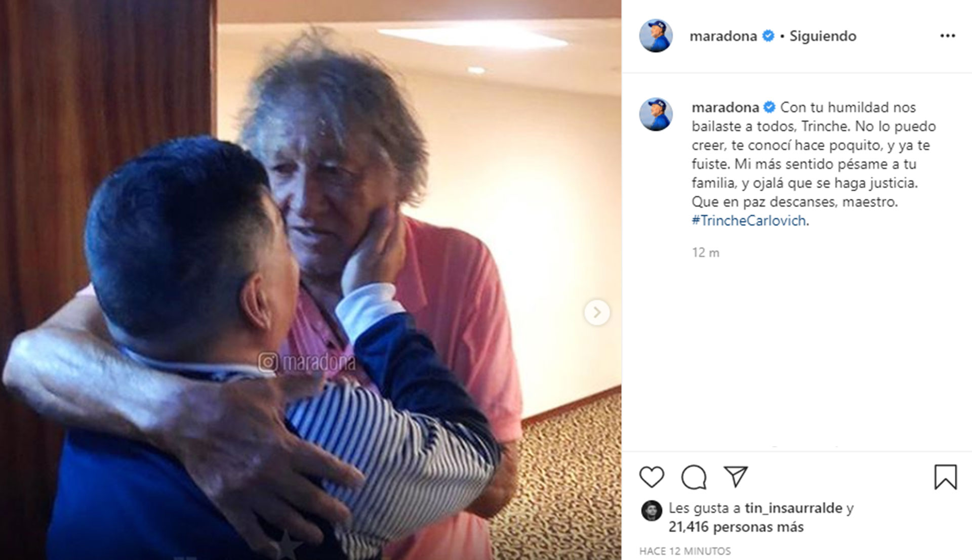 El mensaje de despedida de Diego Armando Maradona para el Trinche Carlovich en las redes sociales