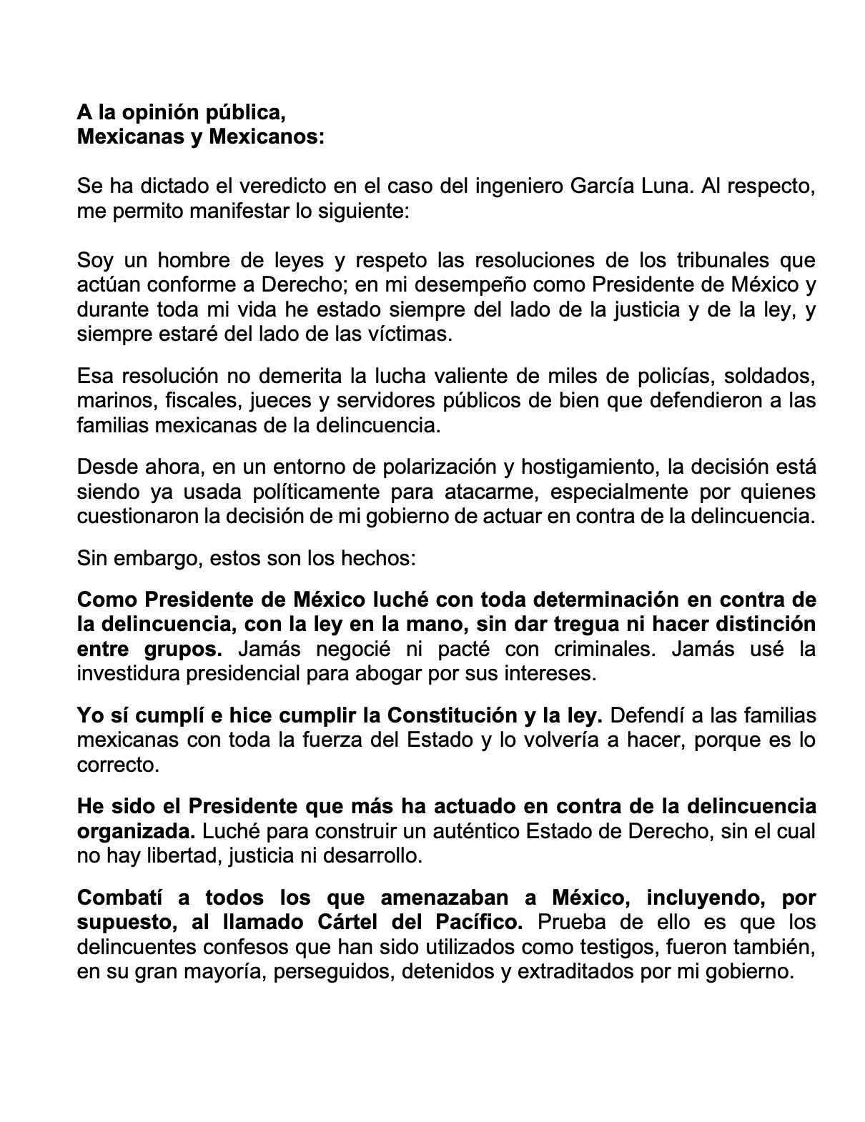 Comunicado de Felipe Calderón contra acusaciones hacia él (Twitter/@FelipeCalderon)