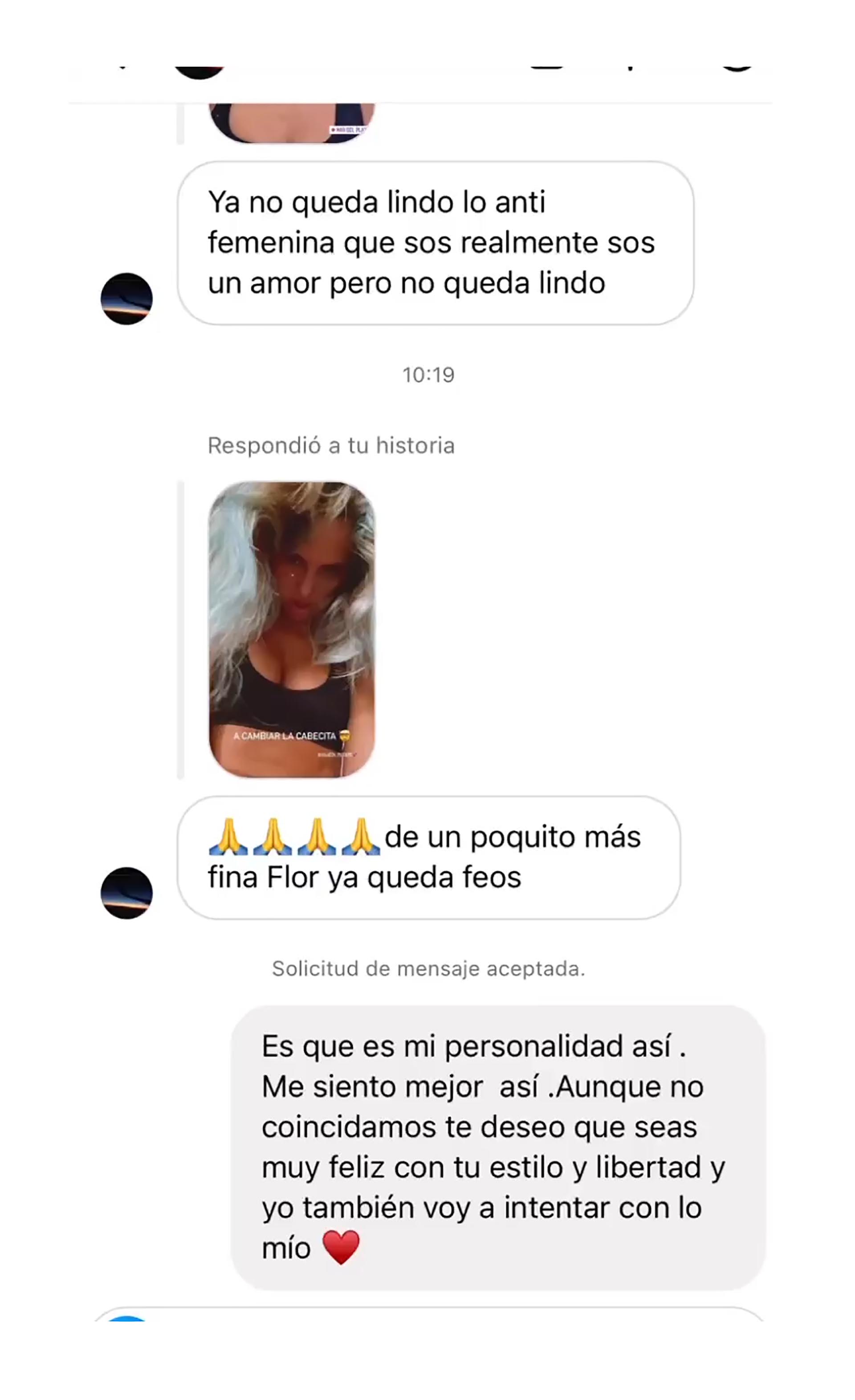 Los mensajes que Flor Vigna cruzó con una seguidora que la acusó de "poco femenina"