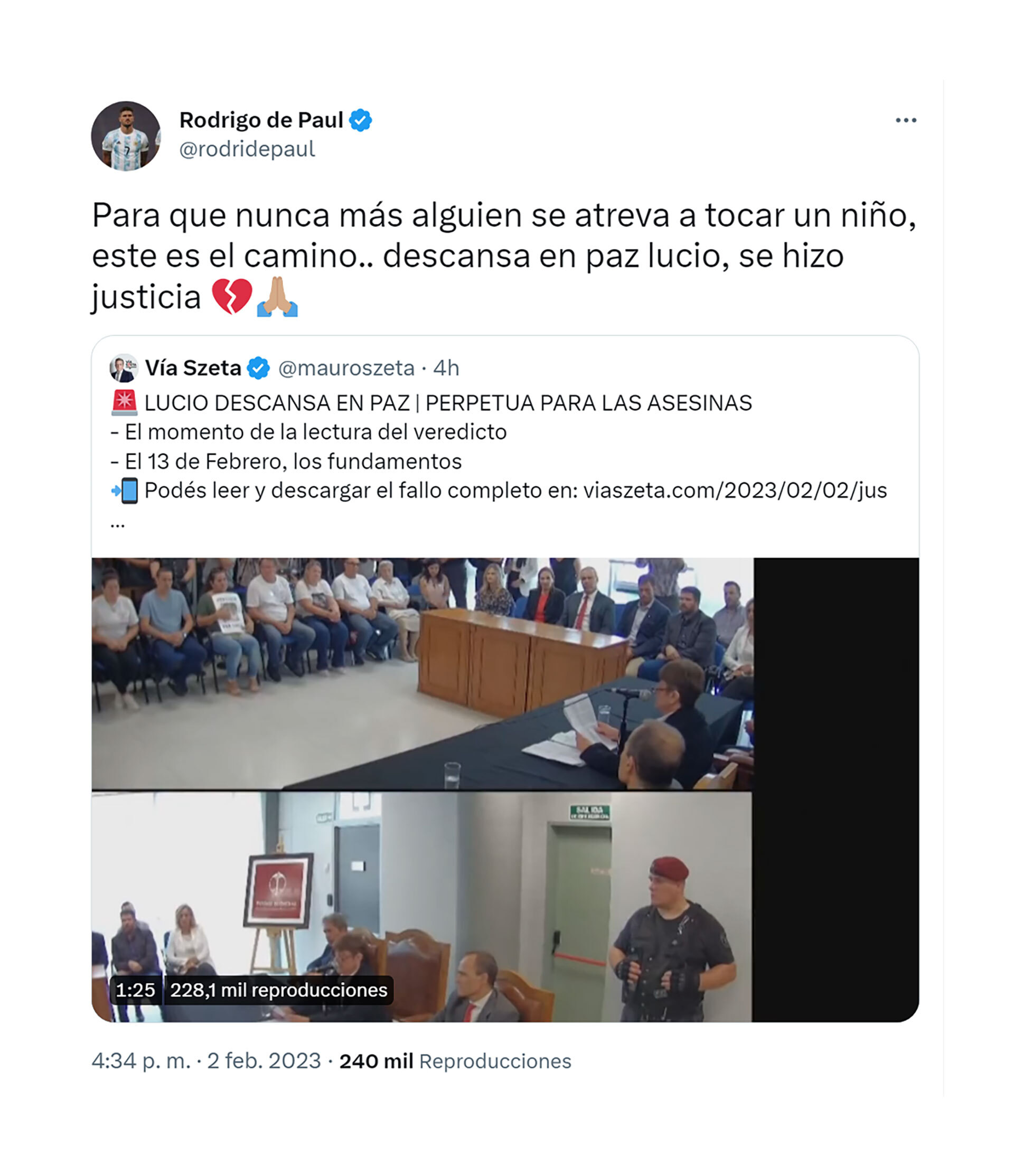 El posteo de Rodrigo De Paul celebrando que se haya hecho justicia por Lucio Dupuy (Twitter)