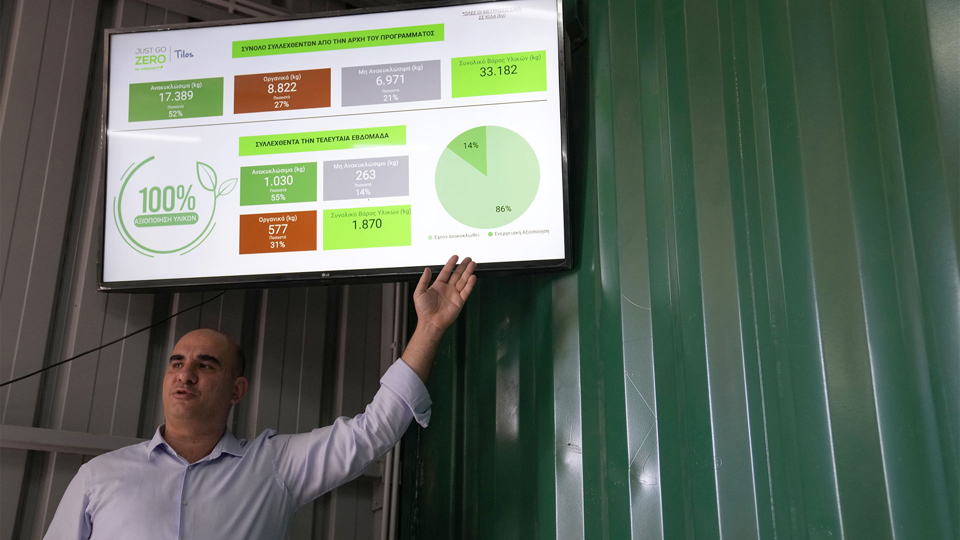 The founder and CEO of recycling company Polygreen, Athanasios Polychronopoulos, shows a screen displaying data at a recycling plant built on a former landfill (AP Photo/Thanassis Stavrakis)