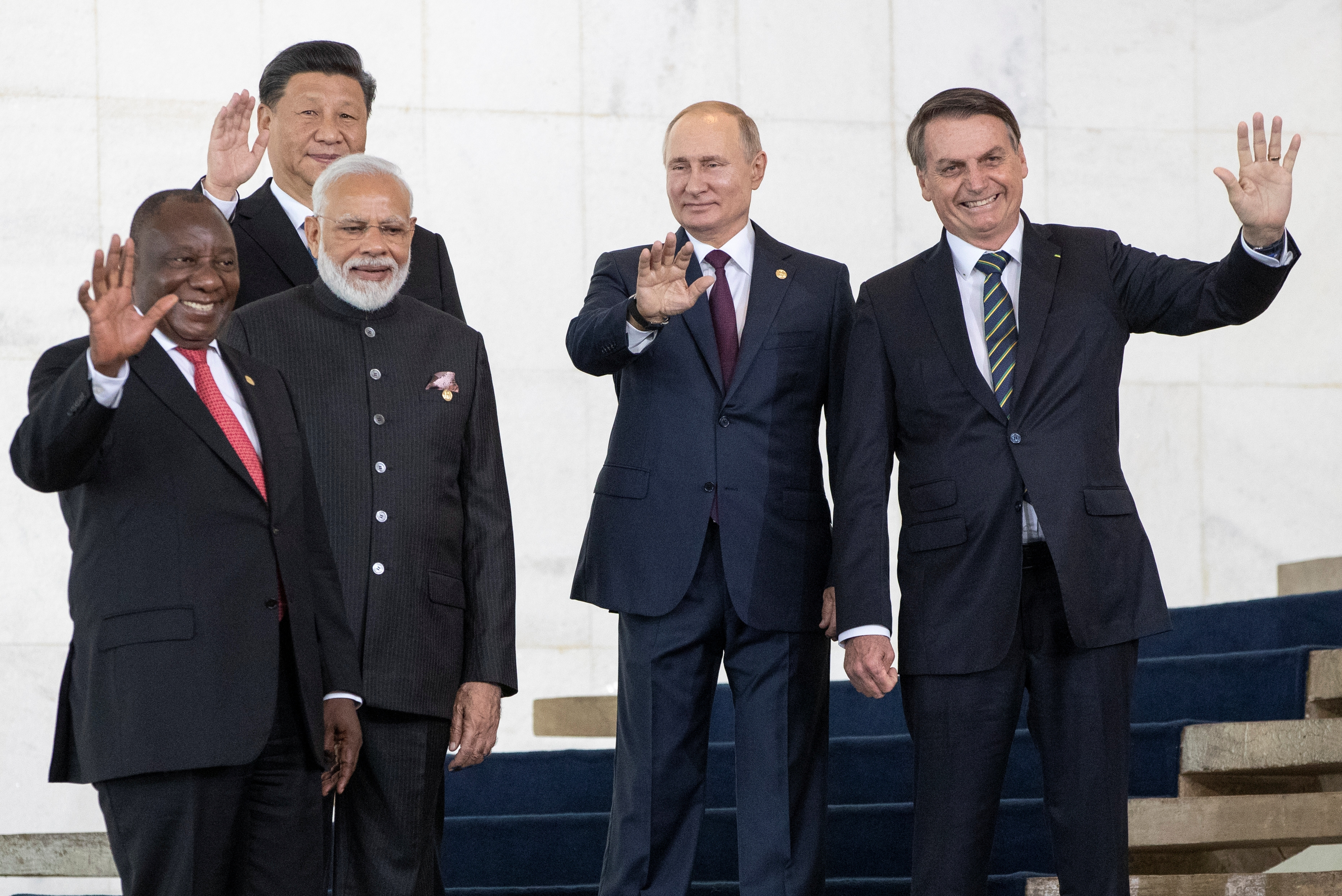 Cumbre de los BRICS en noviembre de 2019: el presidente de Sudáfrica Cyril Ramaphosa, el de China Xi Jinping, el primer ministro de la India, Narendra Modi; el primer ministro de Rusia, Vladimir Putin, y el presidente de Brasil, Jair Bolsonaro (Pavel Golovkin/Pool via REUTERS)