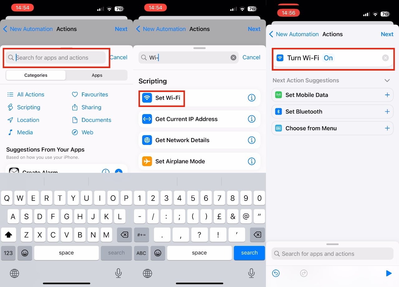 Configuración de la aplicación Atajos para apagar el Wi-Fi automáticamente al dejar un lugar. (Apple Insider)