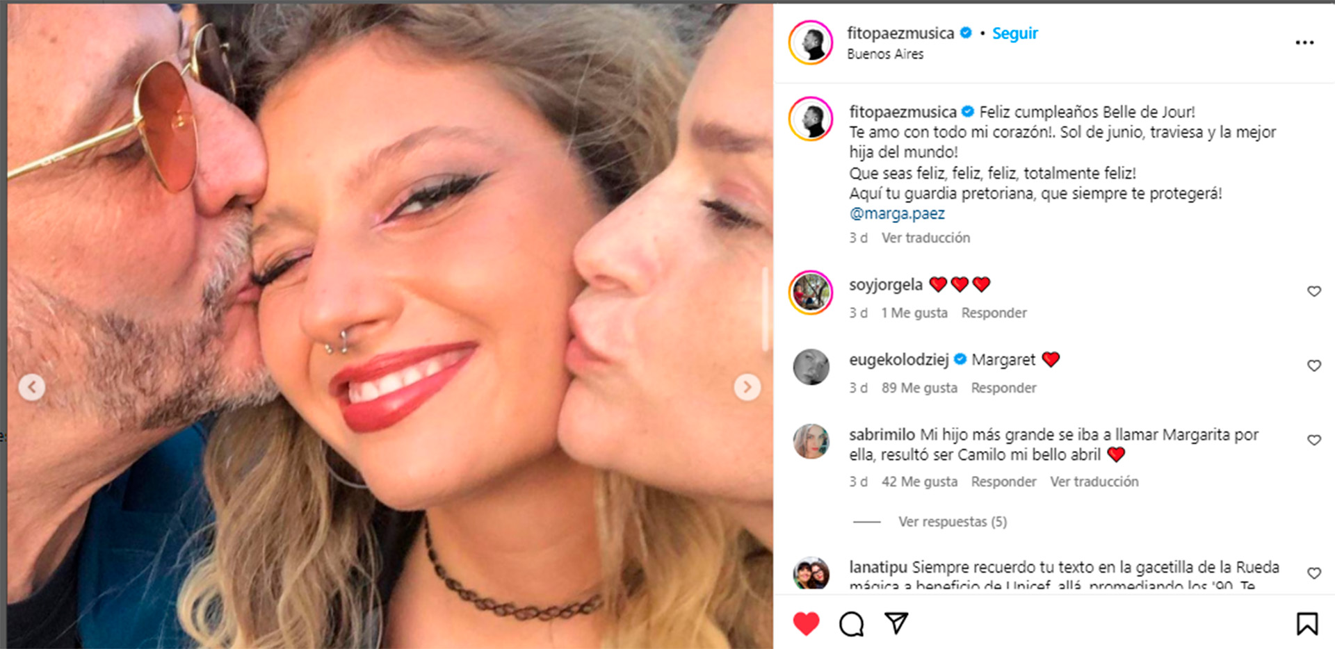 El saludo de Fito Páez para su hija Margarita incluyó una foto junto a la madre de la joven, la actriz Romina Richi (Foto: Instagram)