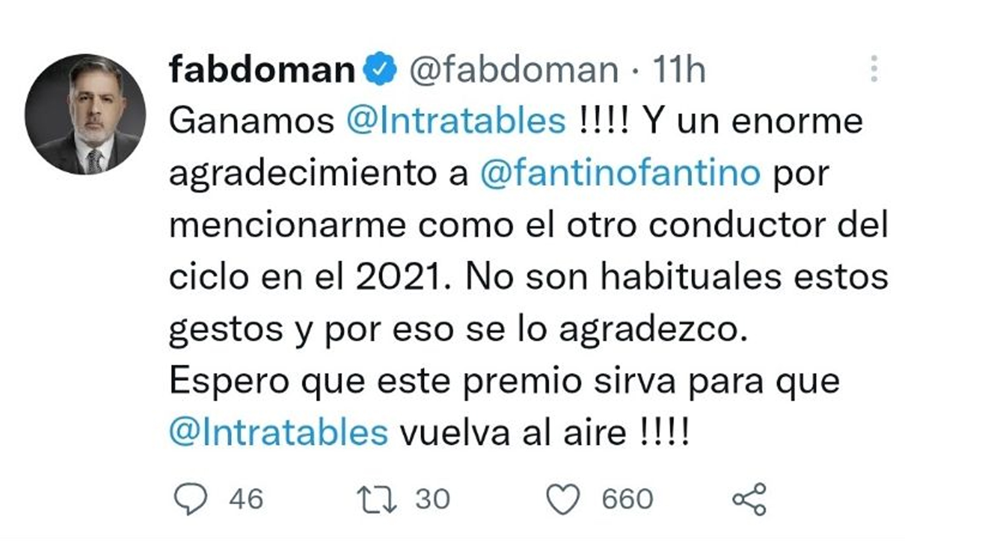 Tweet by Fabián Doman on Martín Fierro 2022 and thanks to Alejandro Fantino