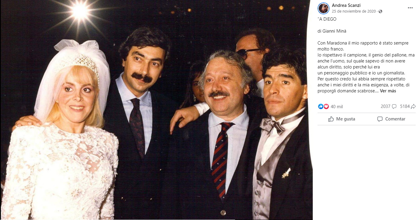 Gianni Minà junto a Diego Maradona en su casamiento con Claudia Villafañe