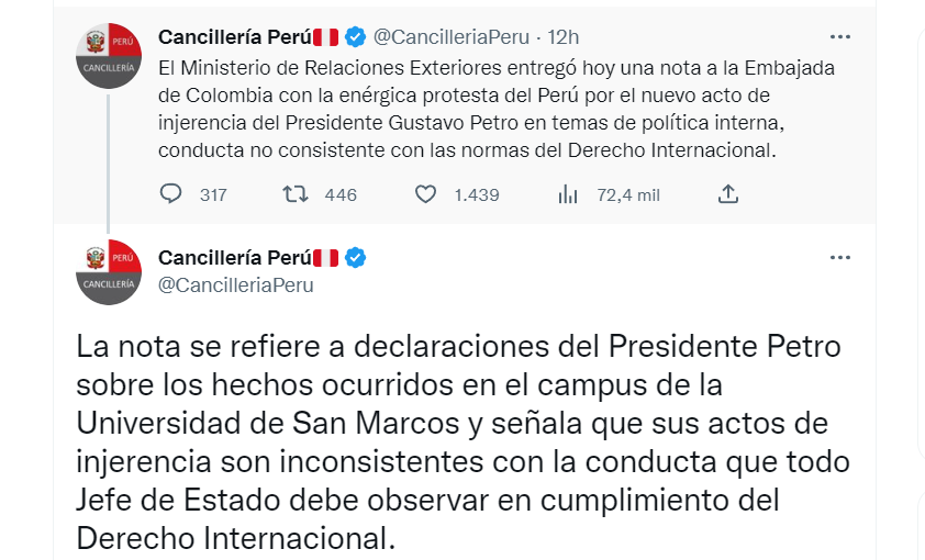 La Cartera rechazó los comentarios realizados por el jefe de Estado colombiano y lo consideran un acto de injerencia