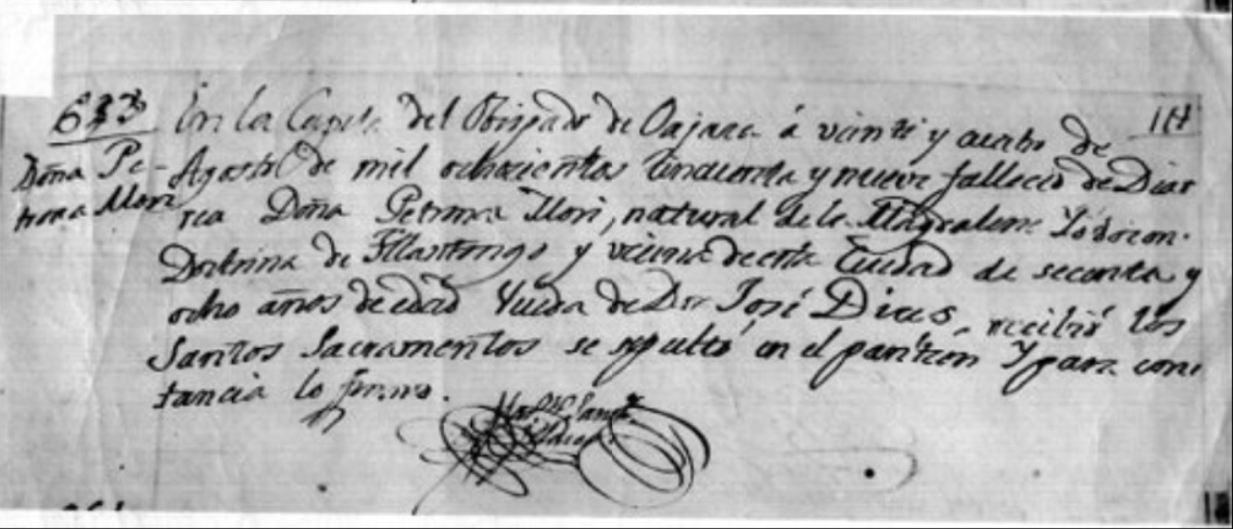 En la página del INAH, puede encontrarse el acta de defunción de María Petrona Mori Cortés, madre de Porfirio Díaz. Foto: Mediateca INAH