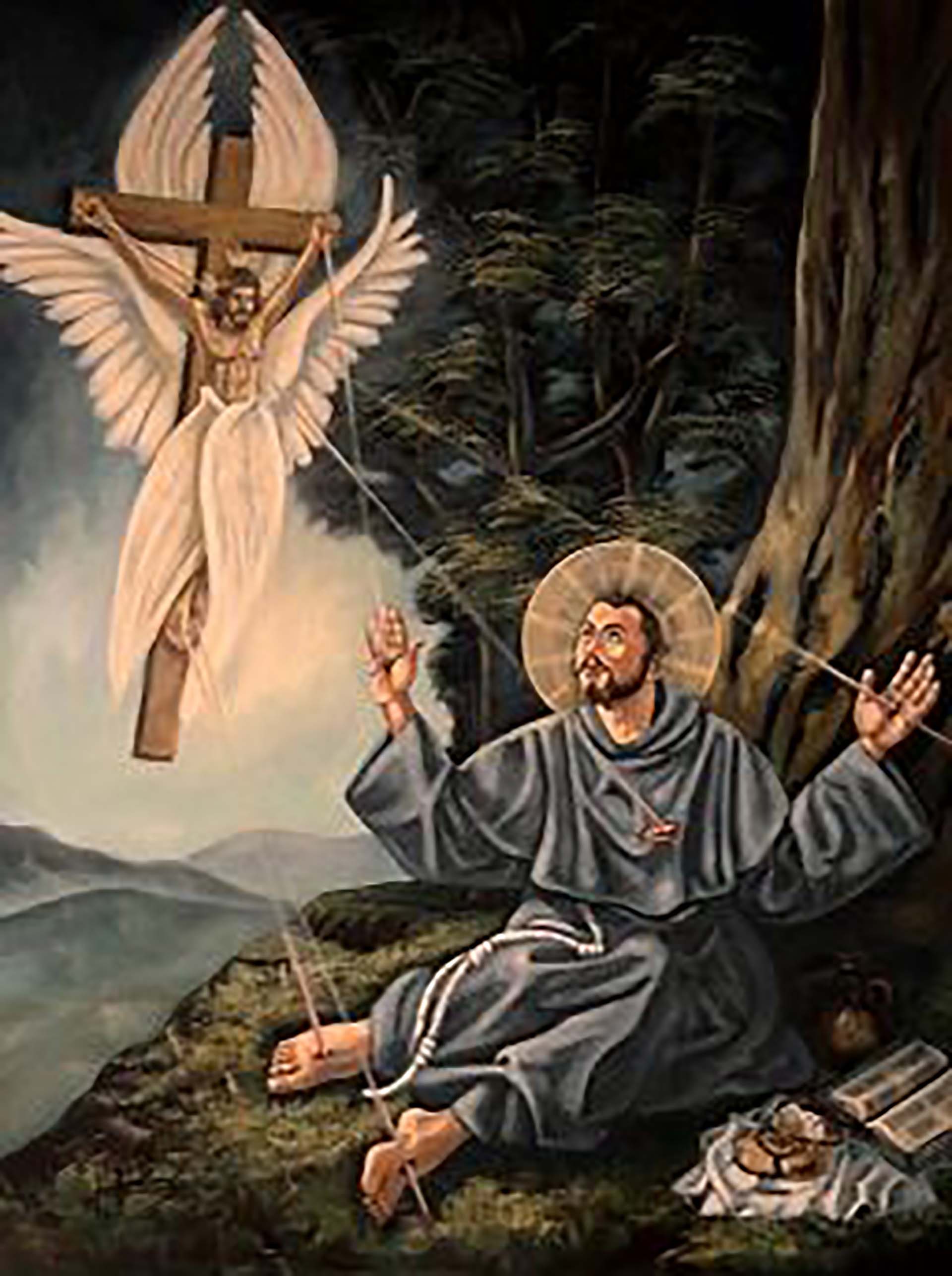 El 14 de septiembre de 1224 en el Monte Averna, a Francisco se le apareció Jesús crucificado, rodeado por seis alas, y le imprimió las señales de la crucifixión en las manos, los pies y el costado