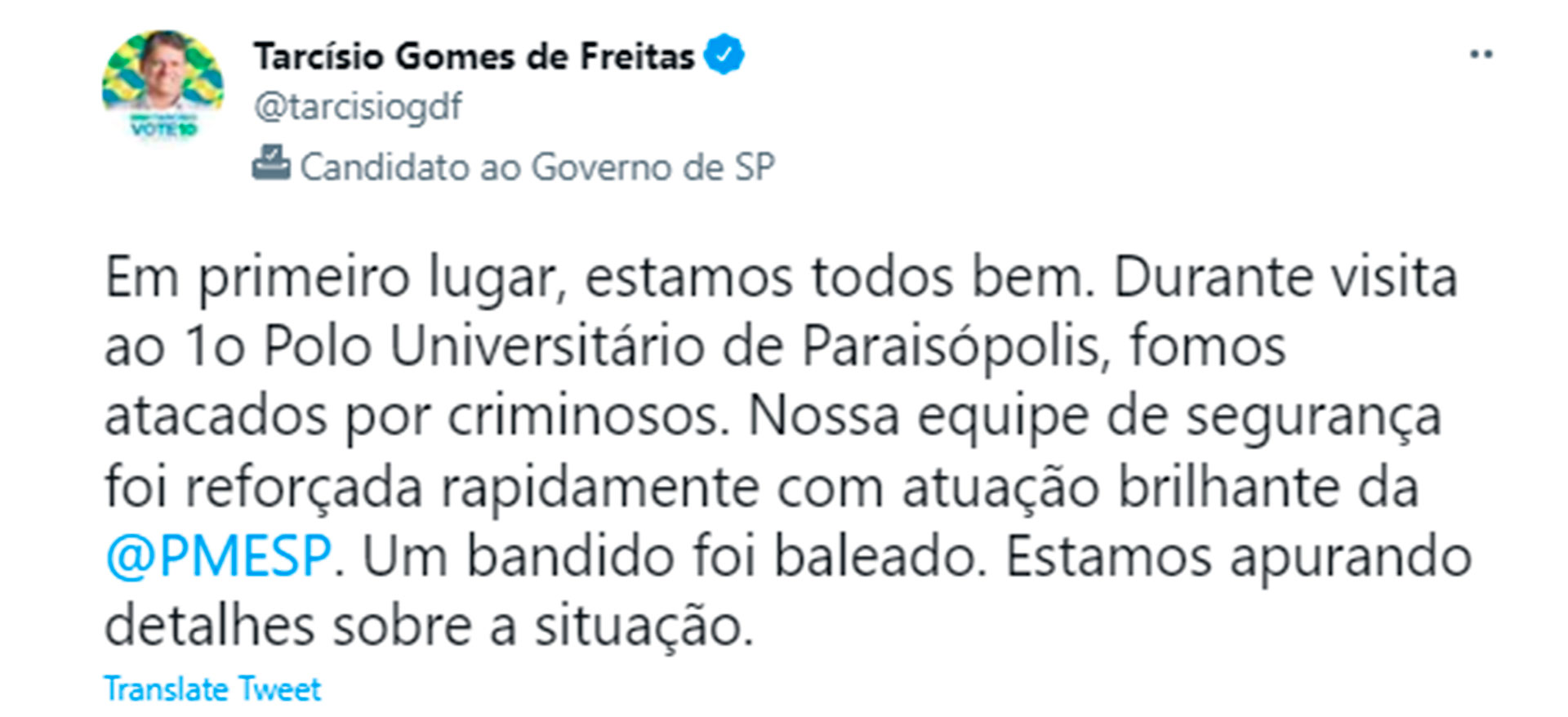 El mensaje de Gomes de Freitas en Twitter