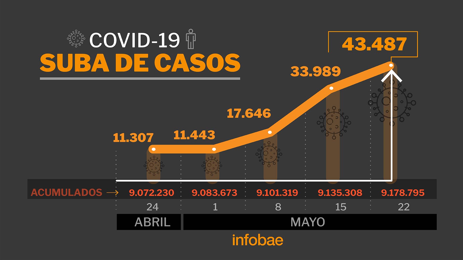 Los casos de COVID-19 pasaron en la Argentina de 11.307 el 24 de abril a 43.487 ayer (Infografía: Marcelo Regalado)