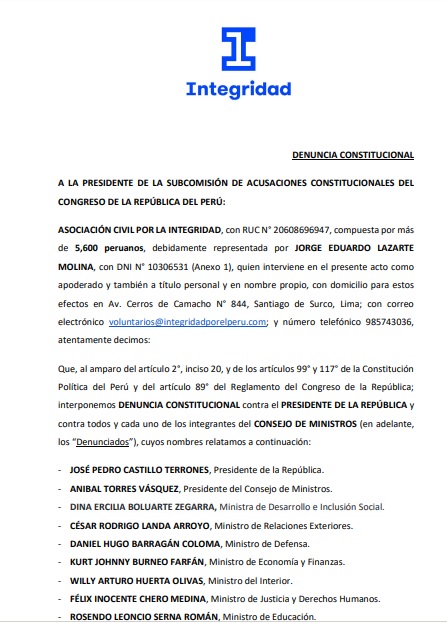 Denuncia constitucional contra el presidente Pedro Castillo, el primer ministro Aníbal Torres y el gabinete por la cuestión de confianza.