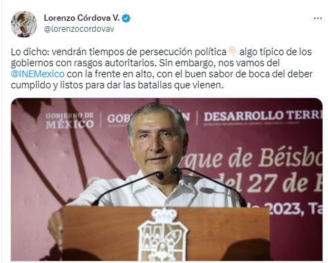 Lorenzo Córdova compartió su posicionamiento sobre posibles investigaciones en su contra anunciadas por Adán Augusto López (@lorenzocordovav)
