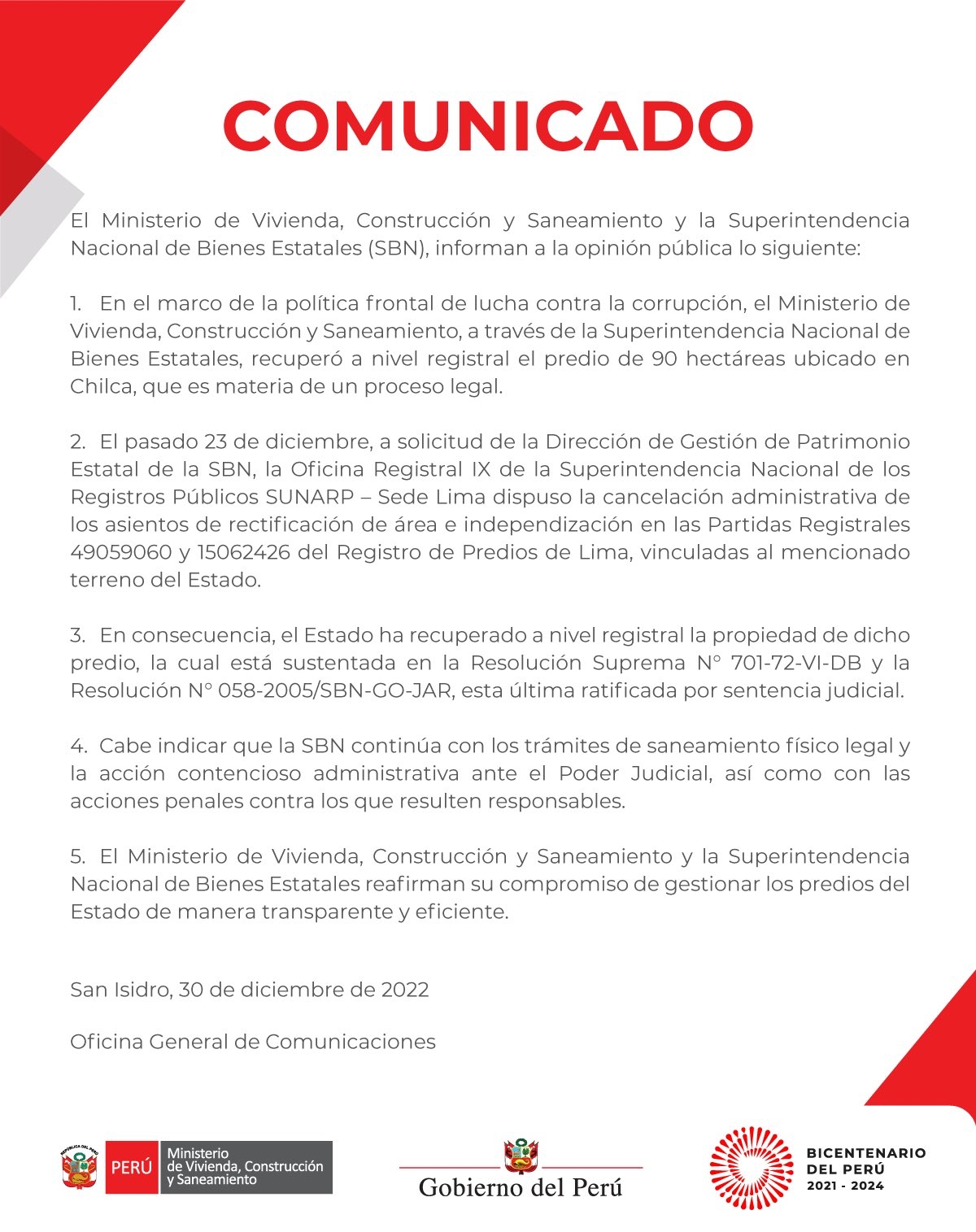 Comunicado del Ministerio de Vivienda