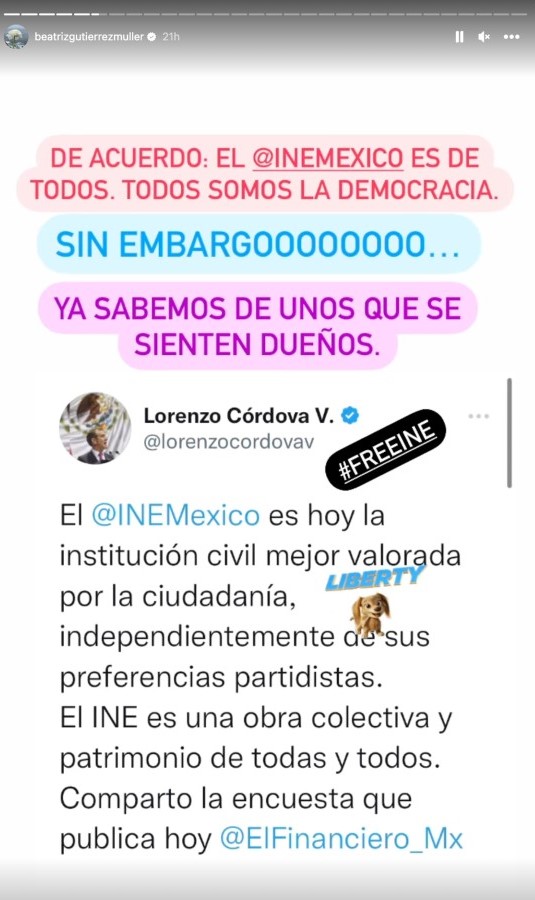 La académica Gutiérrez Müller arremetió contra los consejeros del INE vía Instragram (Instagram: beatrizgutierrezmuller)