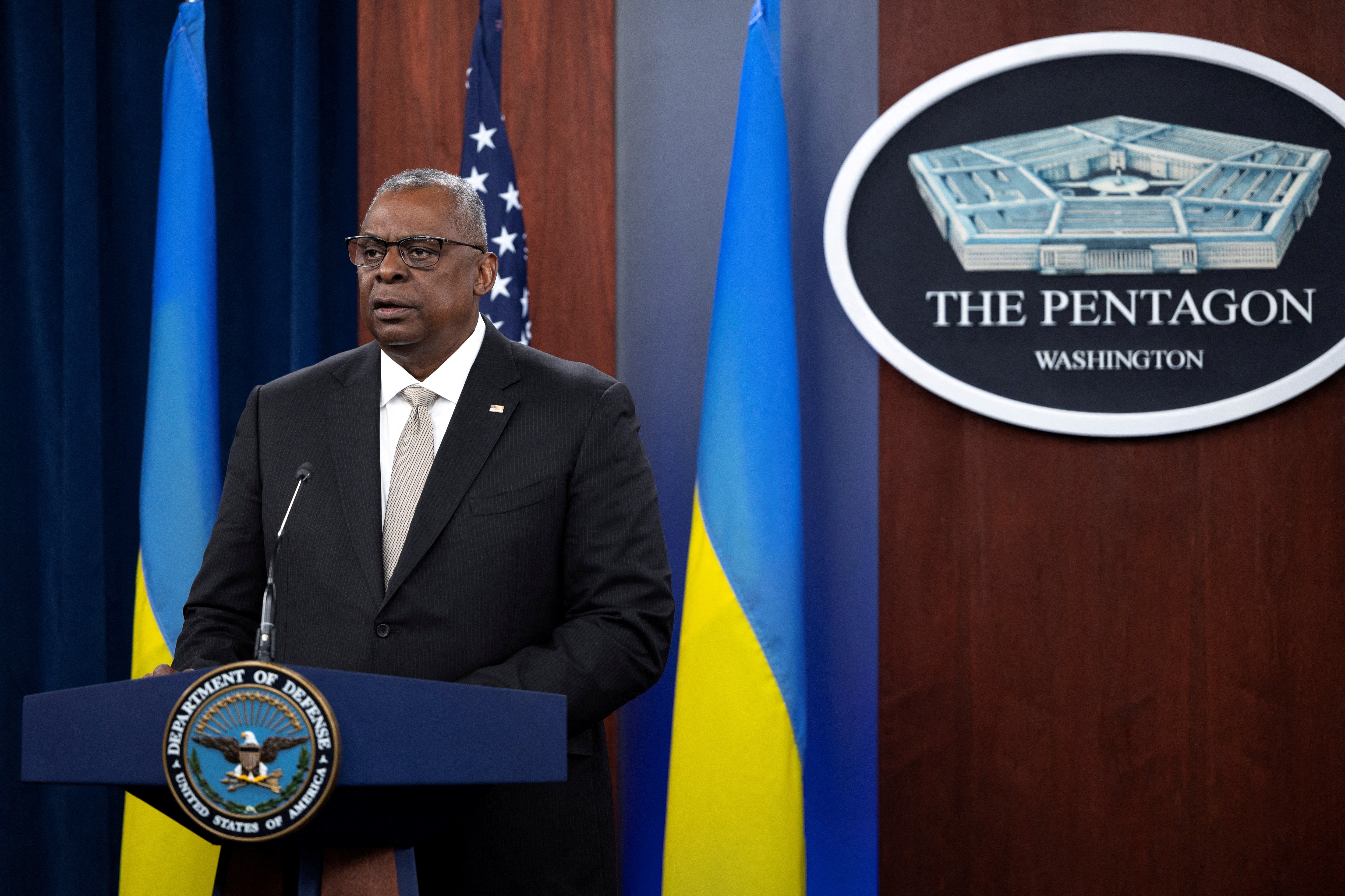 FILE PHOTO: U.S. Defense Secretary Lloyd Austin speaks during a news briefing after participating a virtual Ukraine Defense Contact Group meeting at the Pentagon in Arlington, Virginia, U.S., November 16, 2022. REUTERS/Tom Brenner/File Photo