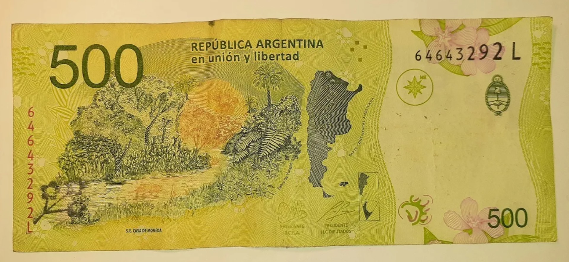 Un billete de la edición de $500 del yaguareté cuenta con la imagen de una flor en el marco izquierdo inferior del dorso se vende por más de 150 mil pesos en internet