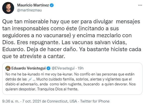 La respuesta de Mauricio Martínez ante el tuit de Verástegui (Foto: Twitter/@martinezmau)