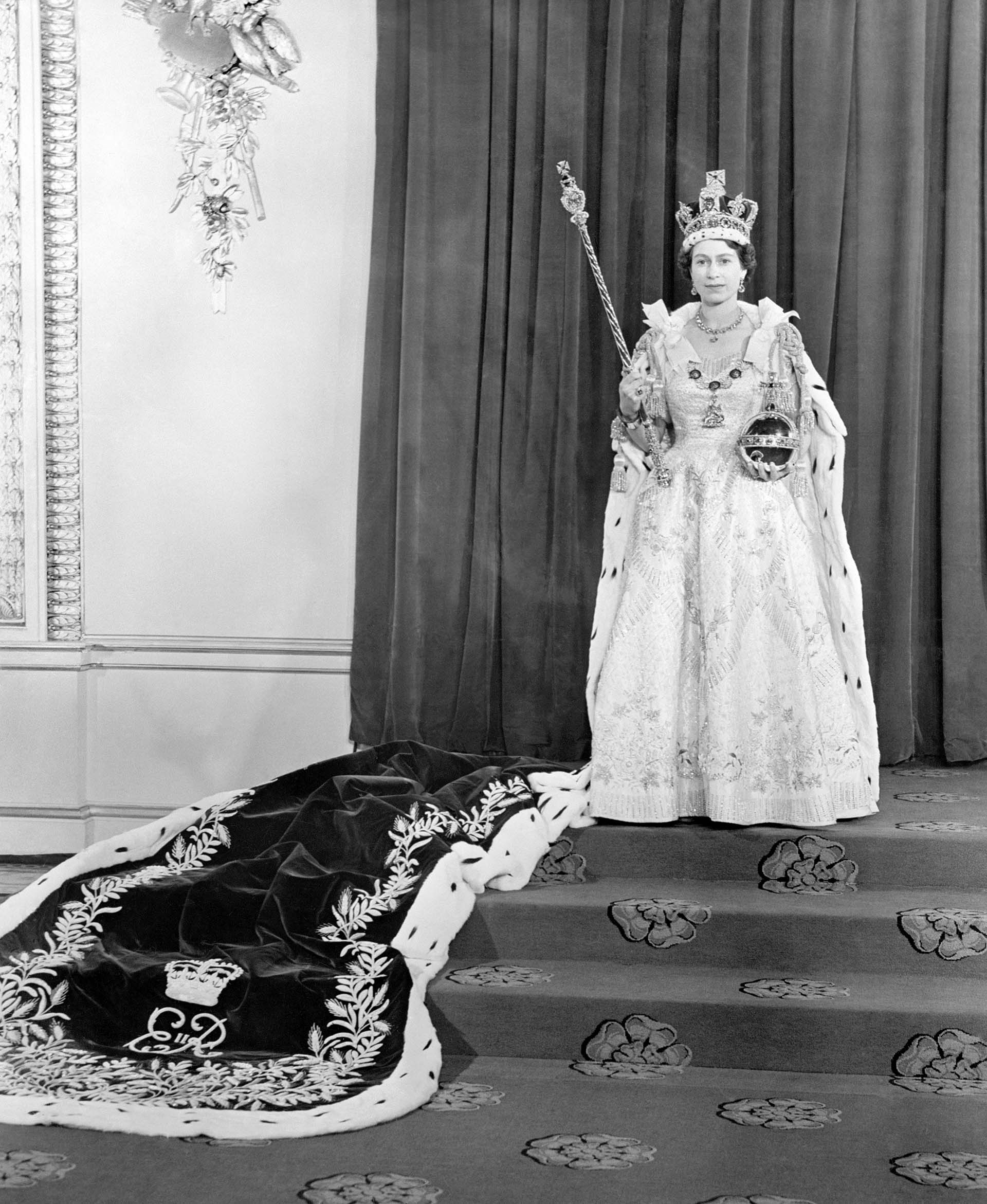 Queen Elizabeth II in the Throne Room of Buckingham Palace, after her coronation in Westminster Abbey.