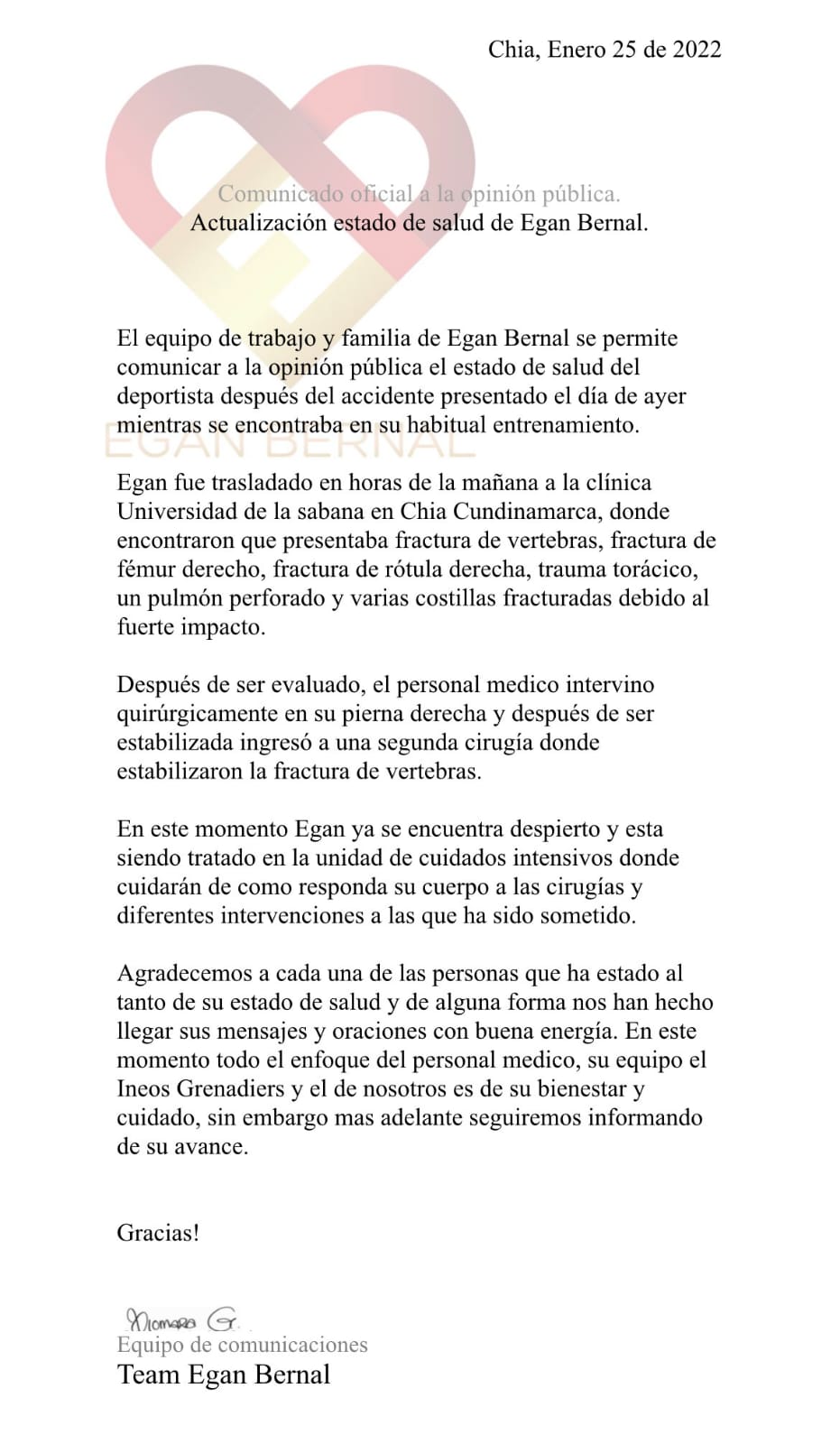 Comunicado de la familia de Egan Bernal sobre la situación actual del ciclista
Cortesía