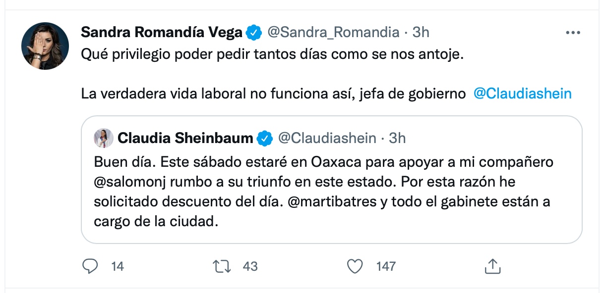 Critican a Claudia Sheinbaum por viajar a Oaxaca para “continuar en campaña” (Foto: Twitter)