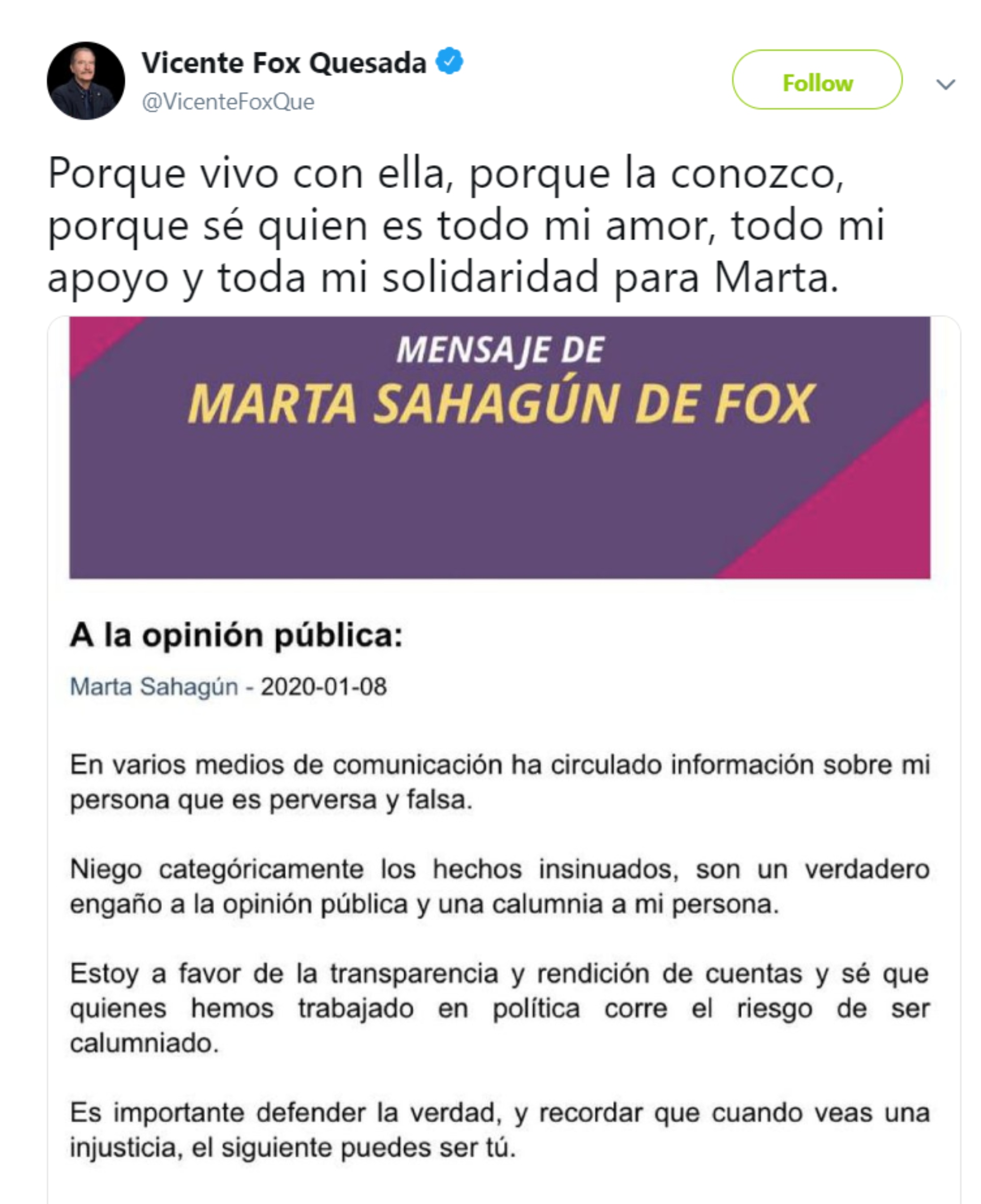 Publicación en apoyo a Marta realizada en 2020 (Foto: Captura de Pantalla)