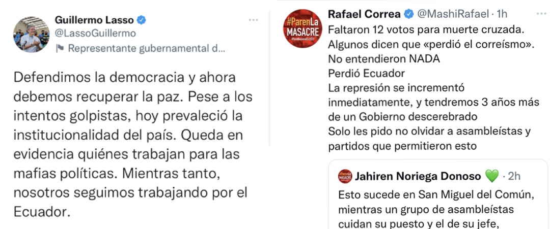 En redes sociales, el presidente Guillermo Lasso y el ex presidente Rafael Correa reaccionaron frente a la decisión del congreso de no destituir al actual mandatario.