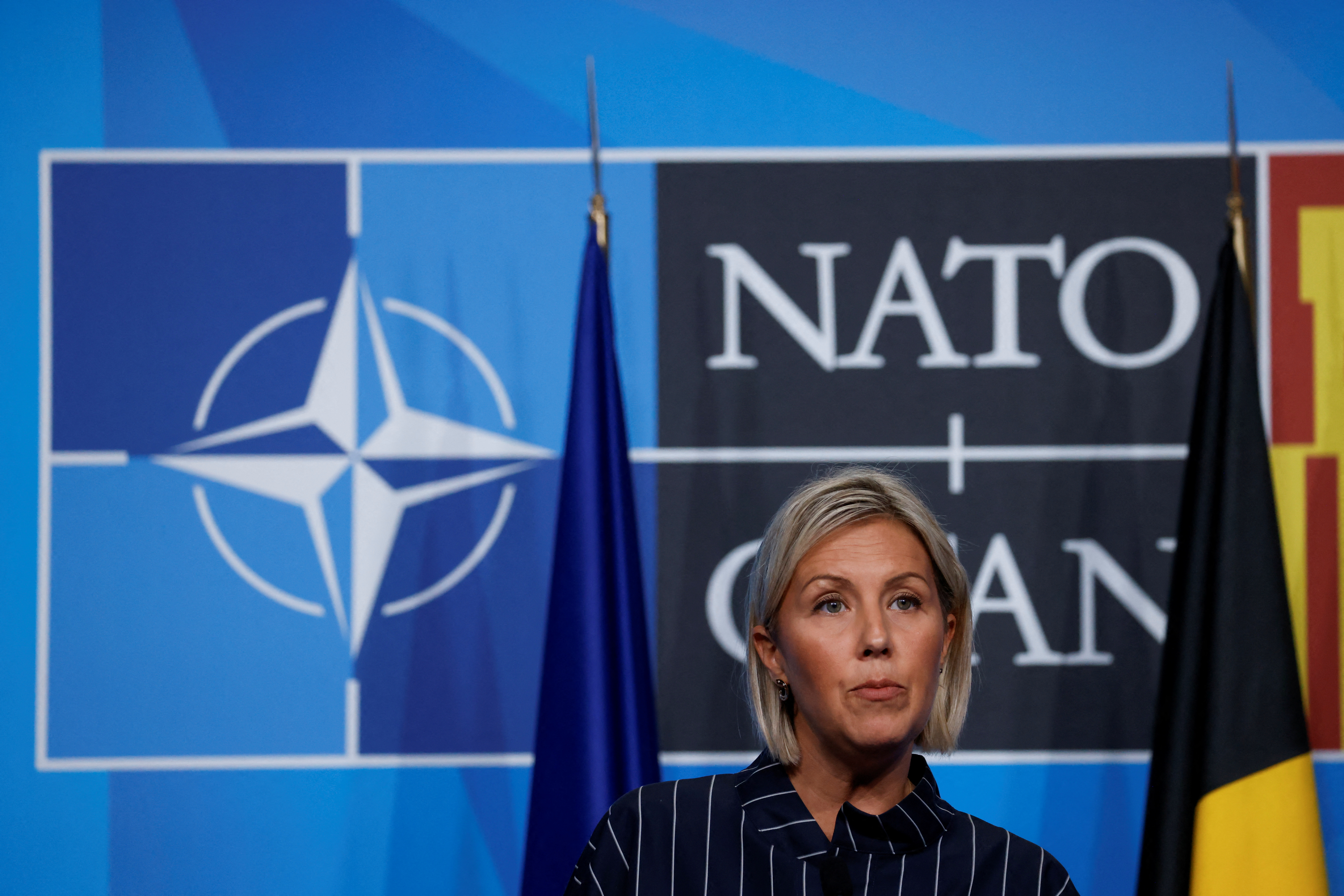 La ministra de Defensa de Bélgica, Ludivine Dedonder, habla en una conferencia de prensa durante una cumbre de la OTAN en Madrid, España, el 30 de junio de 2022. REUTERS/Yves Herman/Archivo
