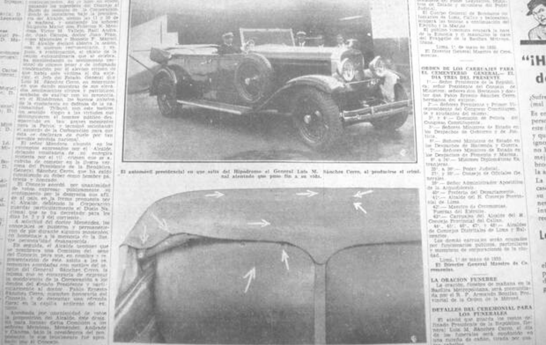 Fotografías del auto donde fue asesinado Sánchez Cerro difundidas en la prensa. | Foto: Archivo El Comercio