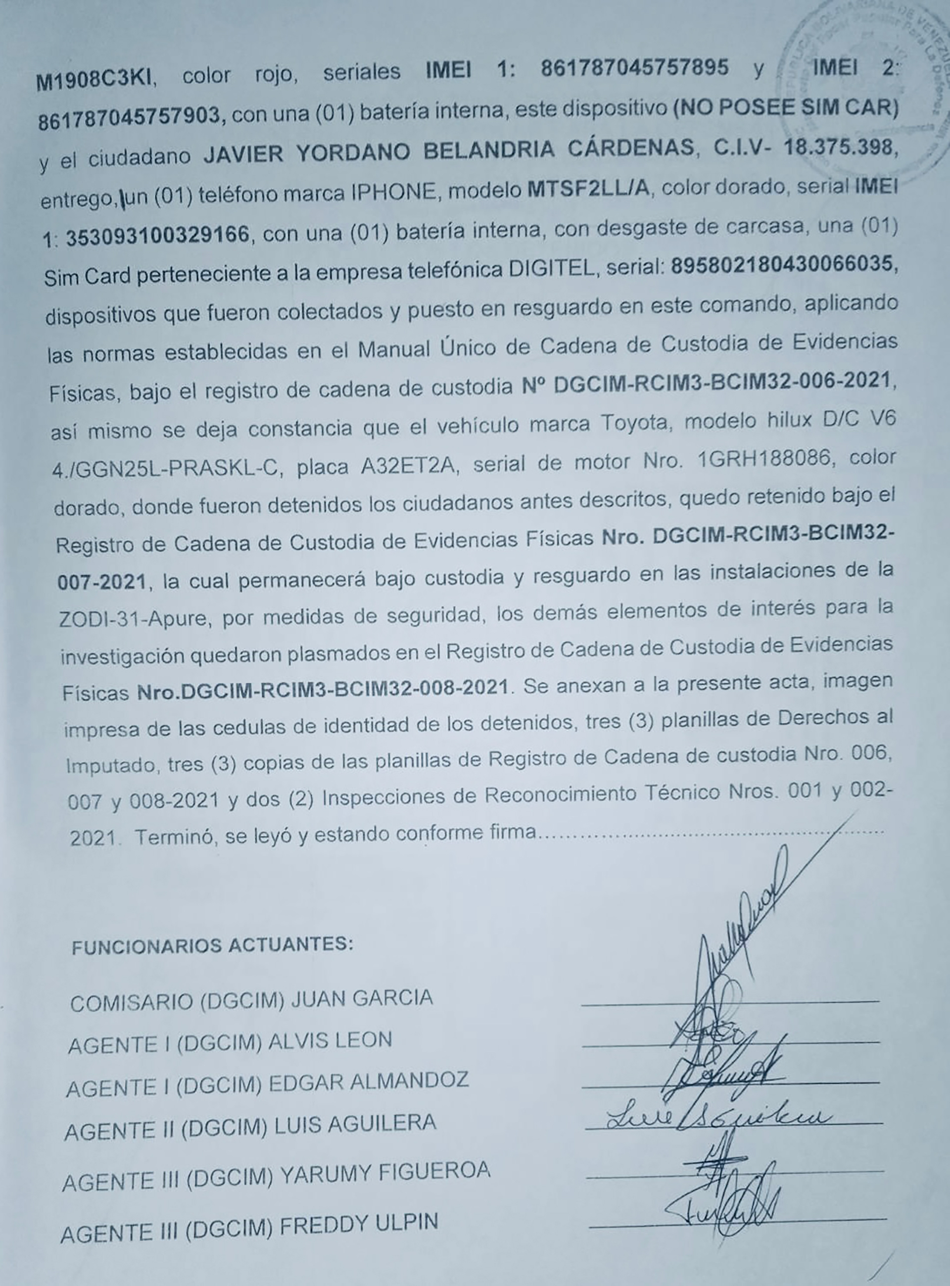 Parte final del acta policial de la DGCIM