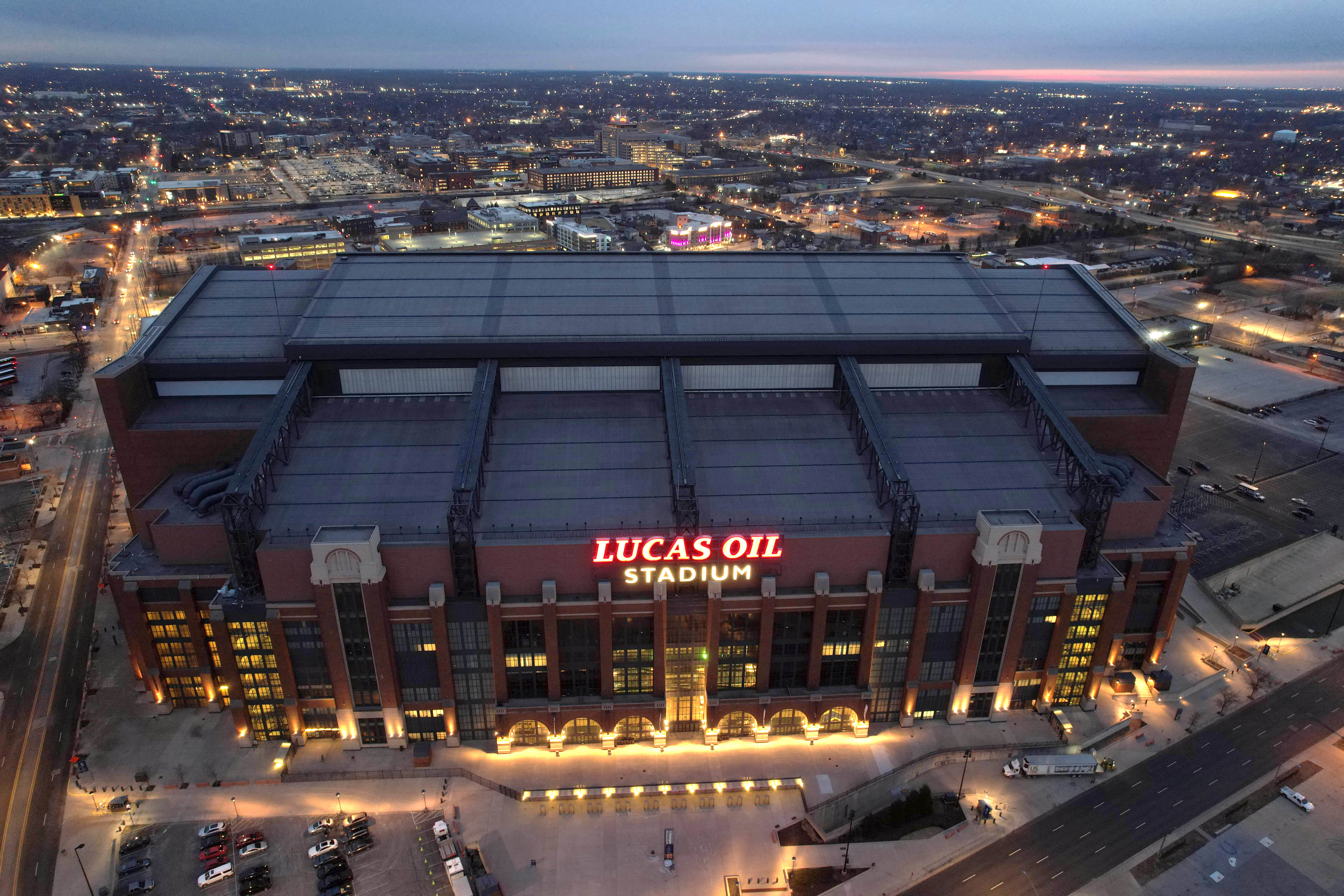 Mar 2, 2022; Indianapolis, IN, USA; A general overall aerial view of Lucas Oil Stadium, the home of the Indianapolis Colts and the site of the 2022 NFL Scouring Combine. Mandatory Credit: Kirby Lee-USA TODAY Sports