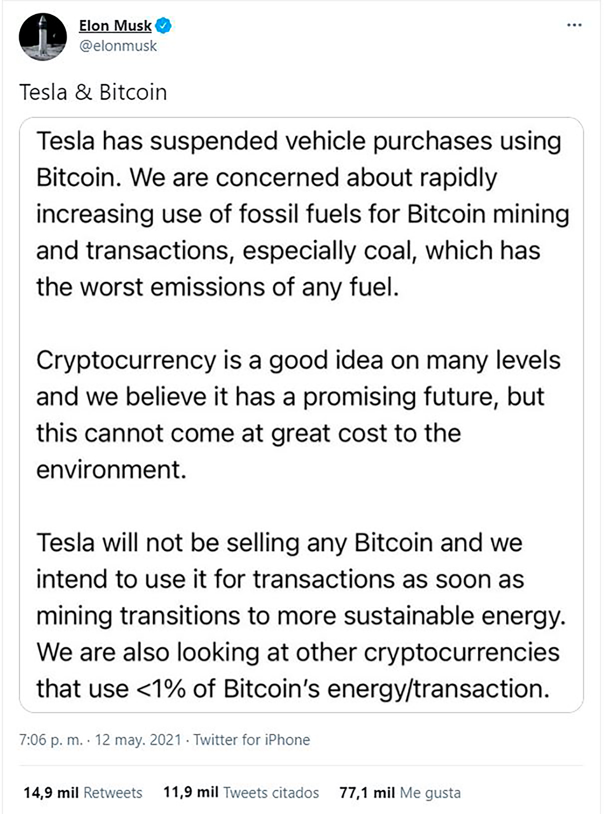 Elon Musk anunció que por cuestiones medioambientales Tesla dejará de  aceptar bitcoins: el precio se desplomó más de 14% en dos horas - Infobae