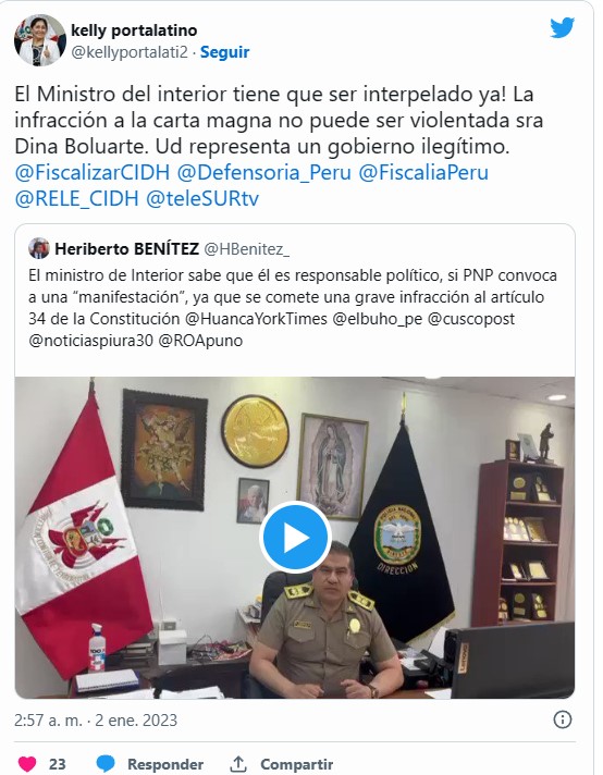 Kelly Portalatino Exige La Interpelación Al Ministro Del Interior Por