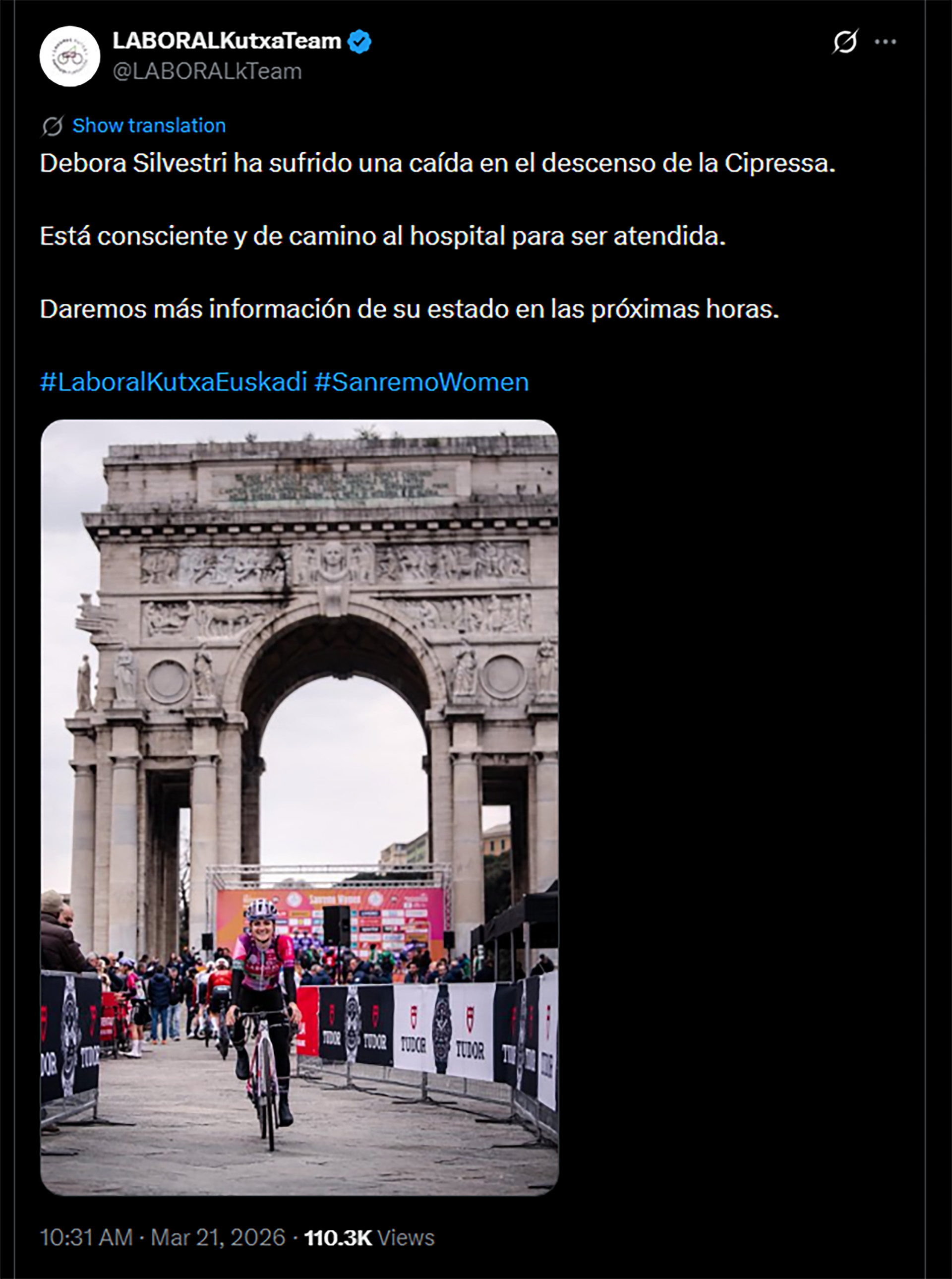 Espeluznante ca&iacute;da de la ciclista Debora Silvestri en la carrera Mil&aacute;n-San Remo: debi&oacute; ser hospitalizada de urgencia