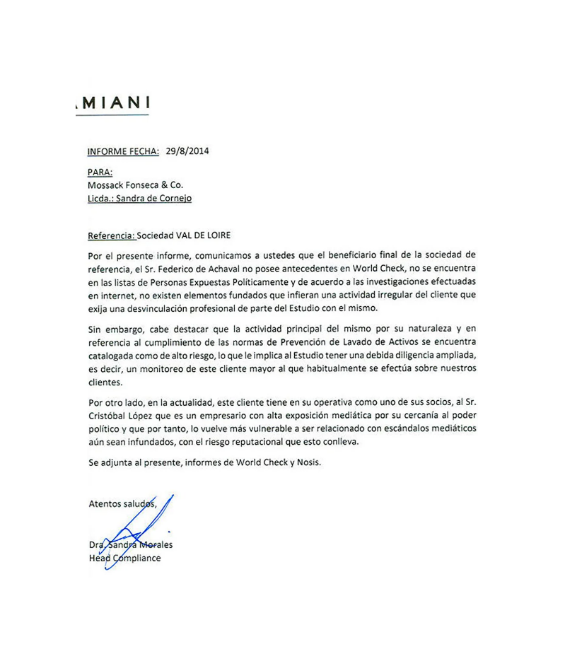 La carta del estudio uruguayo Damiani que identifica a Federico De Achával como beneficiario final de Val de Loire