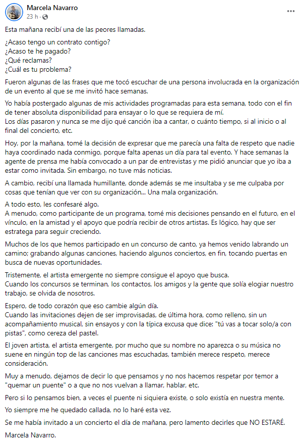 Marcela Navarro molesta con organizadores del concierto de Guillermo Dávila. (Foto: Facebook)
