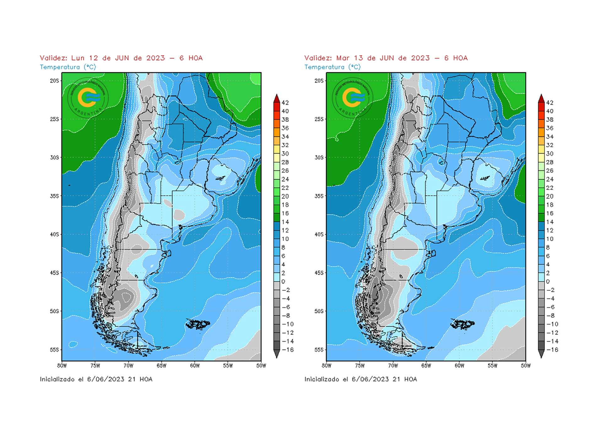 El avance de la ola de frío polar que golpeará a la Argentina desde este jueves. (SMN)