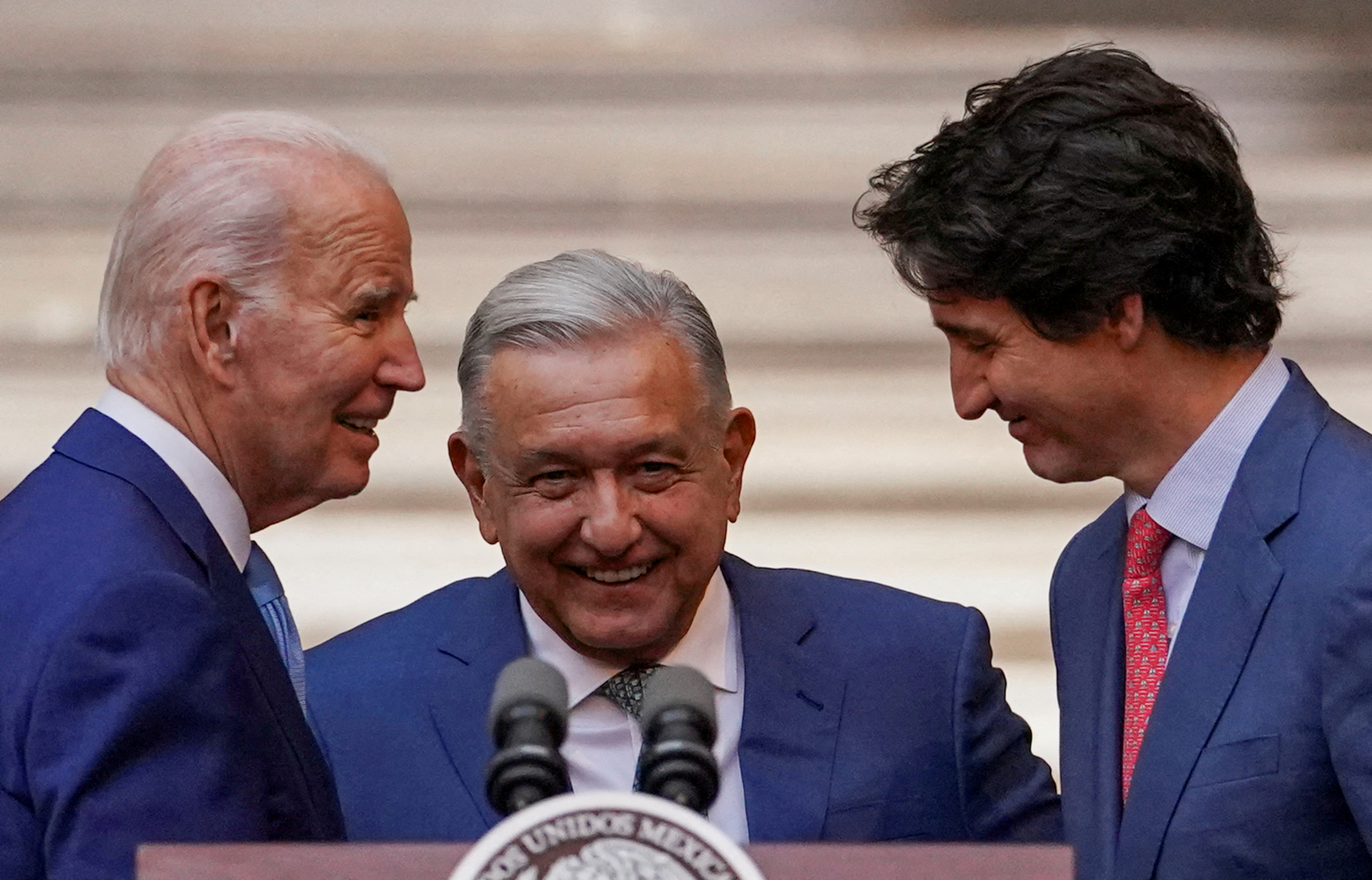 FILE PHOTO: U.S. President Joe Biden, Mexican President Andres Manuel Lopez Obrador and Canadian Prime Minister Justin Trudeau speak at the conclusion of the North American Leaders' Summit in Mexico City, Mexico, January 10, 2023.  REUTERS/Kevin Lamarque/File Photo