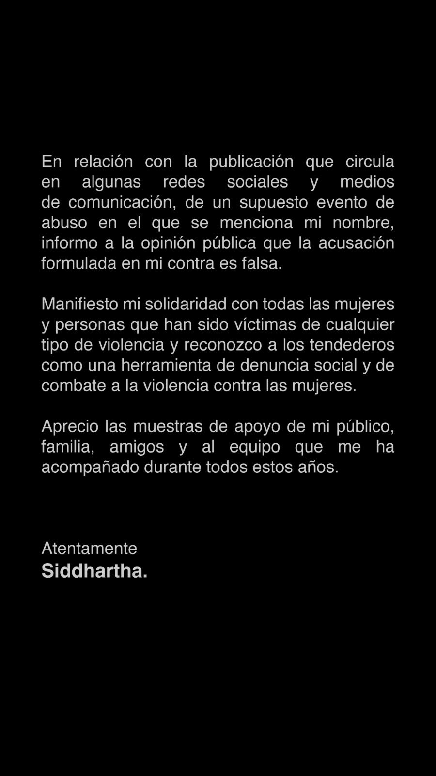 A través de sus redes sociales, Siddhartha respondió las acusaciones de abuso sexual en su contra. Foto: @IamSiddhartha