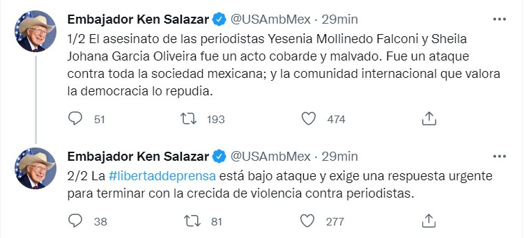 El embajador estadounidense calificó el asesinato como un “acto cobarde y malvado” (Foto: Twitter/@USAmbMex)