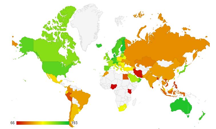 Un mapa de color en función del "Índice de Calidad de Vida" de Numbeo, puntuado entre un mínimo de 66 y un máximo de 193 puntos.  En la última medición por países, la Argentina figuró en el lugar 55 sobre 82 países, encabezando el último tercio del listado