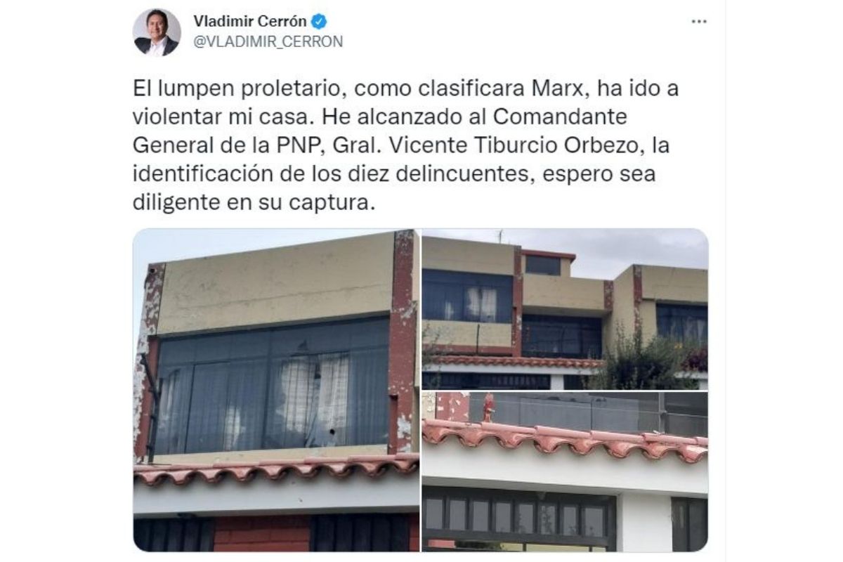 Tuit de Vladimir Cerrón denunciando ataques en su vivienda